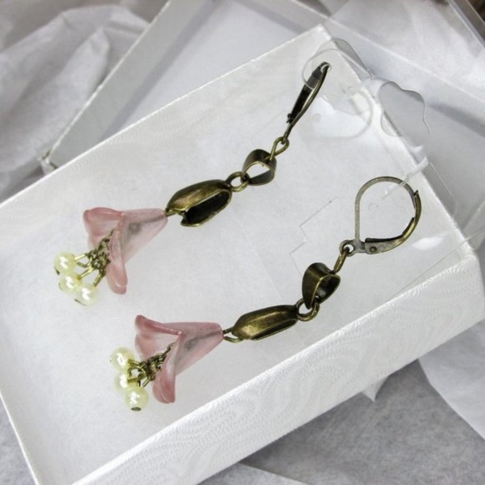 Rustic Brass Flower Earrings w/Dangling Pearls